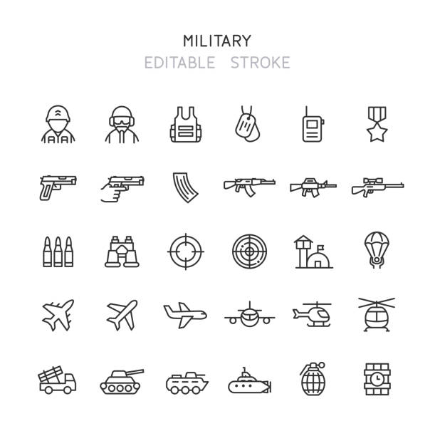 ilustrações, clipart, desenhos animados e ícones de ícones da linha militar golpe editável - defense industry