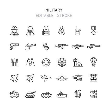 Set of military line vector icons. Editable stroke.