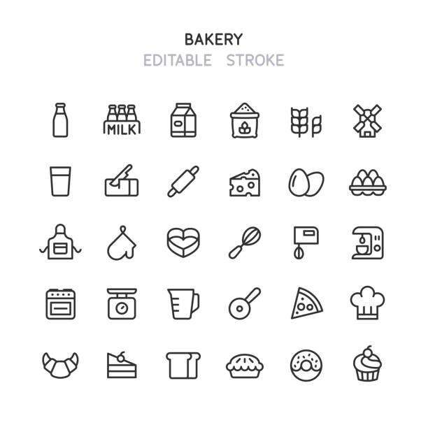 bäckereiliniensymbole bearbeitbarer strich - muffin cheese bakery breakfast stock-grafiken, -clipart, -cartoons und -symbole
