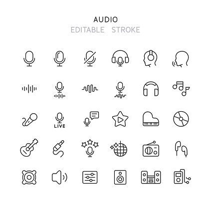 Set of audio line vector icons. Editable stroke.