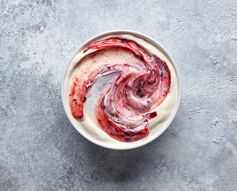 bowl of yogurt with jam, top view