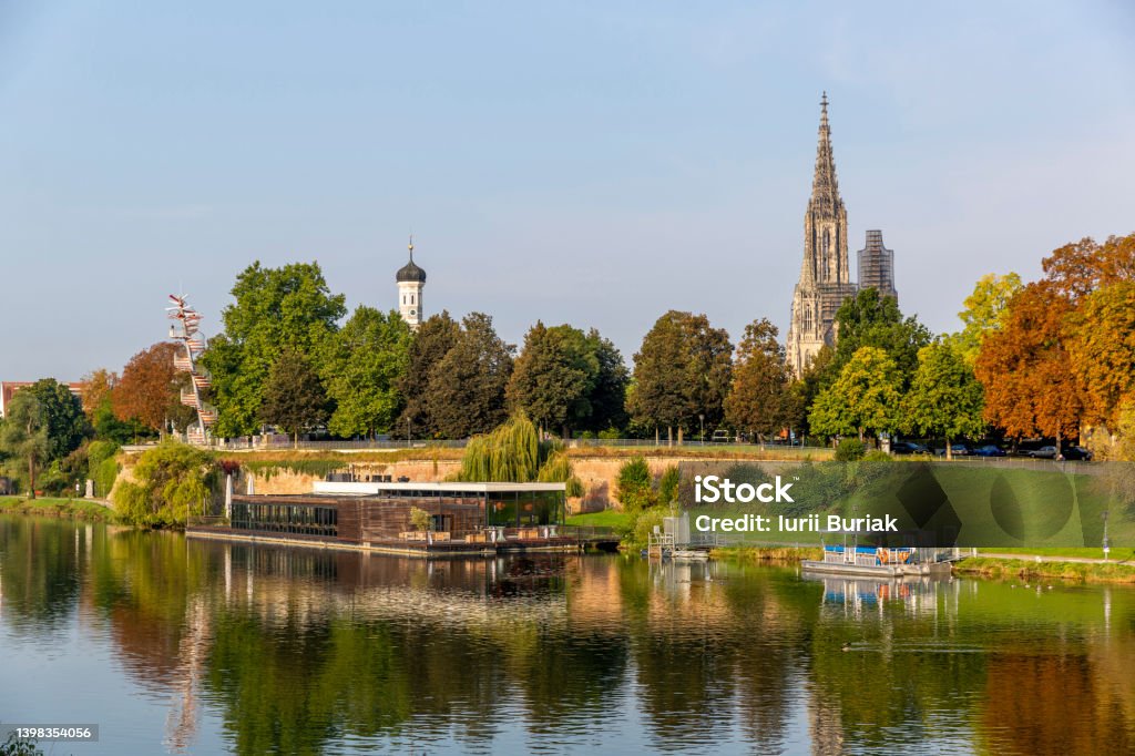 City landscape of Ulm with famous Cathedral in the background City landscape of Ulm with famous Cathedral in the background, Germany Danube River Stock Photo