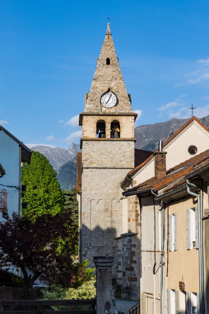 Bell tower of the Church of Saint-Firmin, in the Valgaudemar Valley stock photo