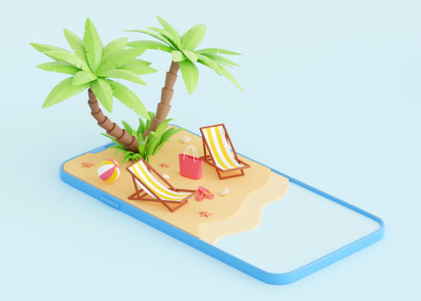istock Summer beach vacation 3d render - cartoon tropical sandy island with palm trees and elements for coastal holiday. 1398358439