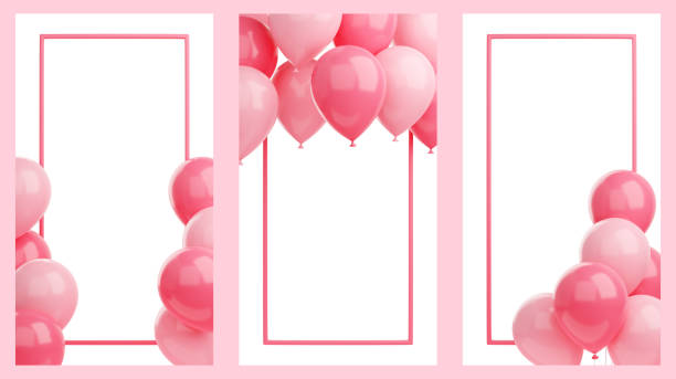 istock Congratulation banner with pink balloons and frame on white background - 3d render social media story for birthday or anniversary greetings. 1398358457