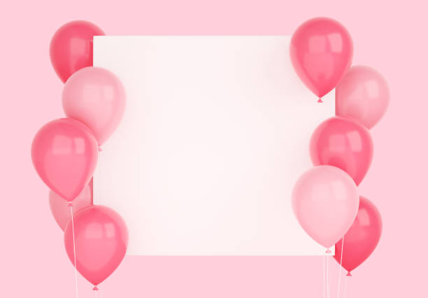 istock Glossy flying pink balloons with square white banner 3d render illustration. 1398358474