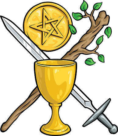 Vector illustration of the tarot elements: pentacle, sword, wand, cup (earth, air, fire, water). Each element is on it's own layer.