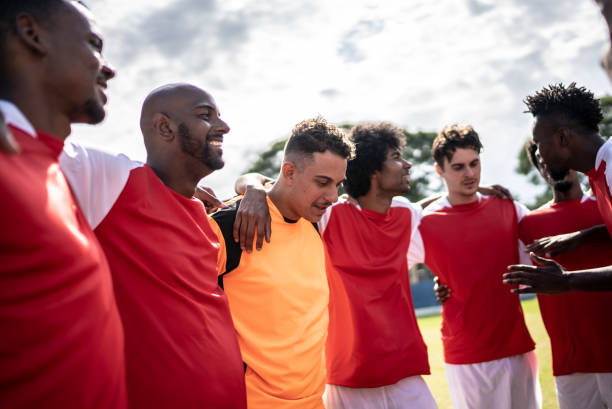istock Soccer team captain talking to the team before a match 1398368057