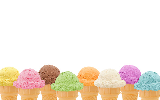 Ice cream cones border isolated on white background with large copy space
