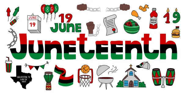 Vector illustration of Big set of Juneteenth doodle. Vector holidays illustrations on white background.