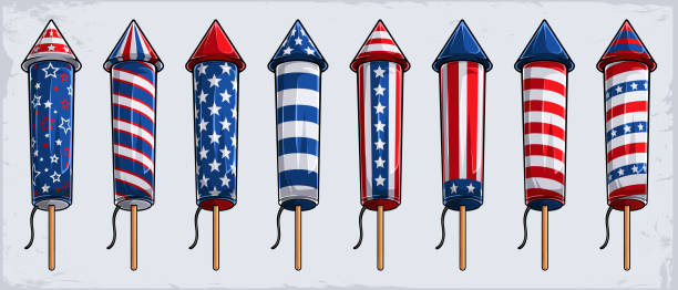 7 월 4 일 미국 독립 기념일을위한 미국 국기 패턴이있는 불꽃 놀이 크래커 로켓 컬렉션 - fourth of july audio stock illustrations