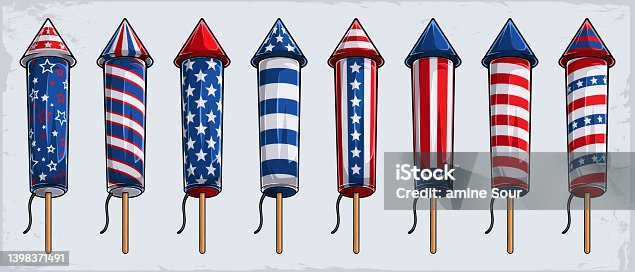 istock 4th of July firework cracker rockets collection with USA flag pattern for American independence day 1398371491