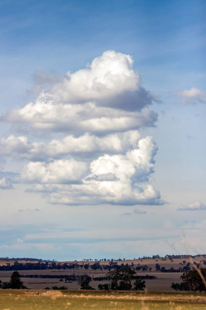 istock Australian landscape, white clouds on blue sky over dry land, background with copy space 1398372793