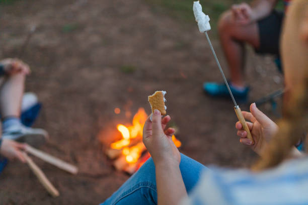 istock Close-up of a young man making a marshmallow sandwich while camping outdoors with friends 1398377307