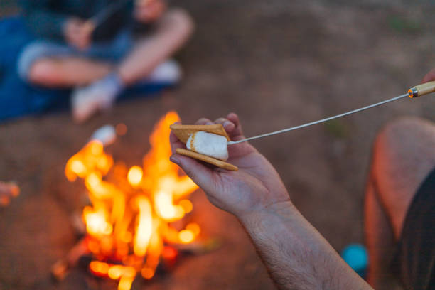 istock Close-up of a young man making a marshmallow sandwich while camping outdoors with friends 1398377355