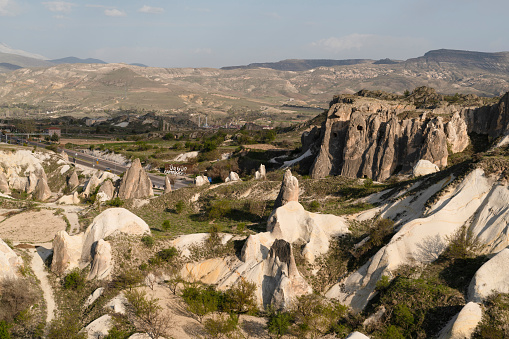 Devrent valley  and far view of Urgup town in Cappadocia, Nevsehir, Turkey