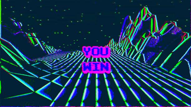 Analog VHS Arcade Game Low Poly Terrain and You Win Text