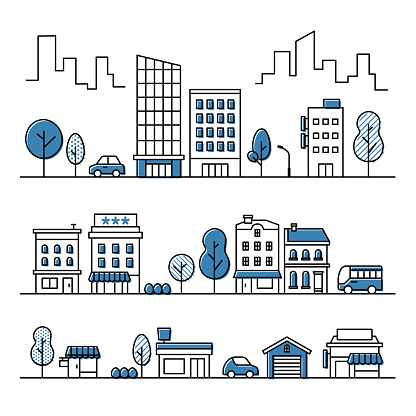 Set of background icons of streetscape of city center and urban streets including buildings, trees, cars, buses