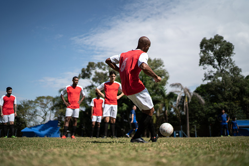 Soccer players training on soccer field