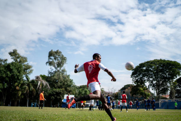 Low Section Of Man Playing Soccer On Grassy Field