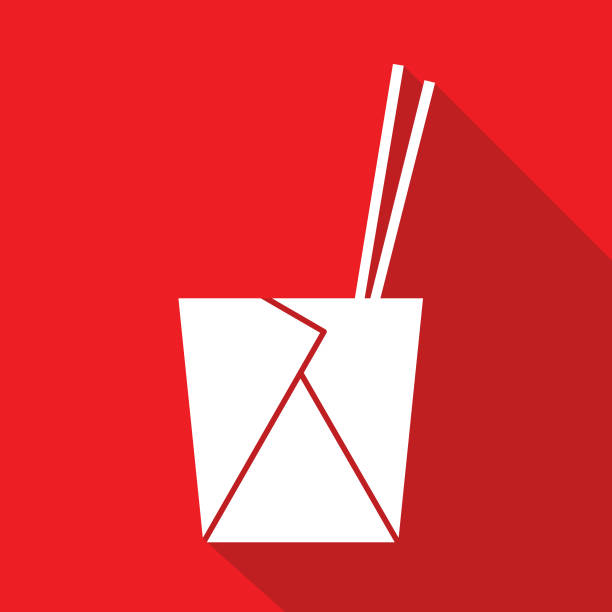 Chinese Food Take Out Box Vector illustration of a white take out food box with chop sticks on a red square background. chinese takeout stock illustrations