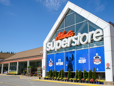 Saint John, NB, Canada - May 19, 2022: The front of Atlantic Superstore decorated in preparation for the 2022 Memorial Cup to be held in Saint John.