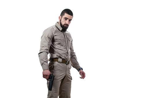 Marine Corps Special Operations Modern Warfare Soldier With Fire Arm Weapon Ready for Battle on White Background