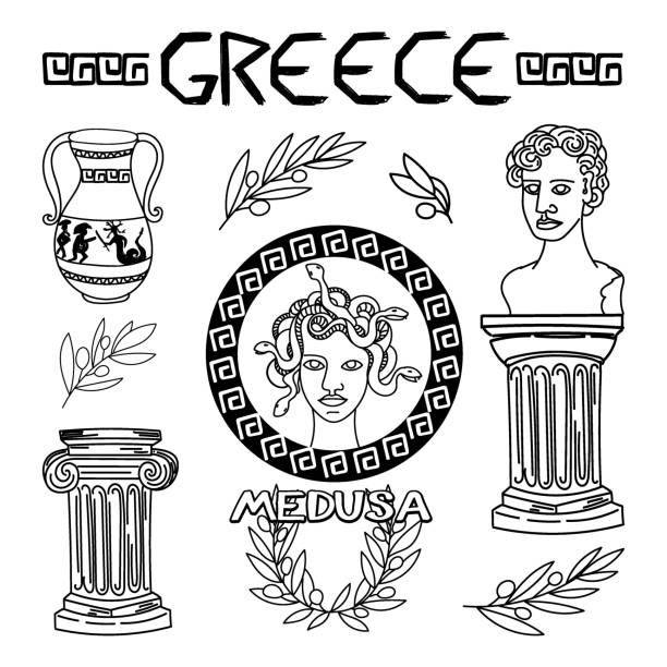 illustrazioni stock, clip art, cartoni animati e icone di tendenza di set di elementi antichi dell'antica grecia e roma, disegnati a mano in stile schizzo. medusa gorgone. testa di perseo, vaso con prodezza, corona d'alloro, ramo d'ulivo, colonne di ordine ionico e dorico. - ionic