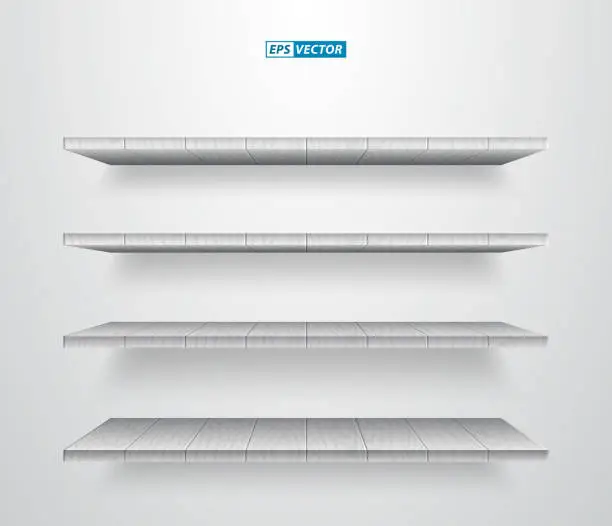 Vector illustration of set of realistic white wooden wall shelves isolated. eps vector