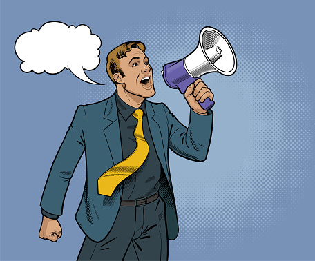 A speaker / businessman / politician / speaking in megaphone. 
Retro comic pop art style. Vector illustration