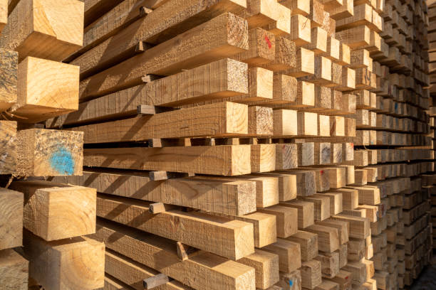 istock Neatly stacked industrial wood strips 1398391356