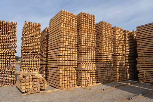Industrial timber neatly processed is stacked in the timber warehouse