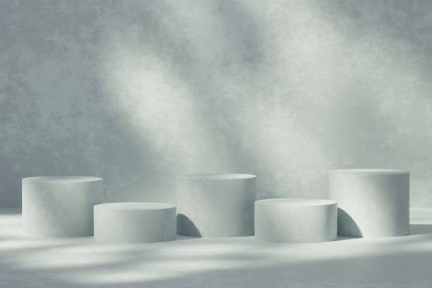 istock Abstract geometric composition with branch and shadow on the wall, Natural stone step pedestal. 3D render. Mock up for exhibitions. 1398392696