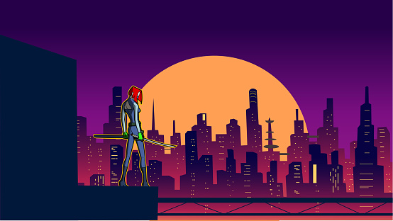 Vector Female Ninja in Cyberpunk City Stock Illustration
