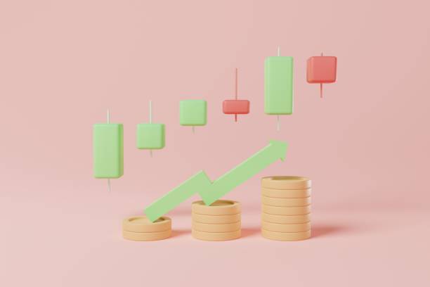istock 3D rendering uptrend candle sticks, arrow and stacking coins on pink background. Uptrend stock and crypto currency concept 1398401322
