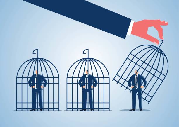 Hand holding a cage to lock a businessman standing in a row into a cage or release a businessman in the cage Hand holding a cage to lock a businessman standing in a row into a cage or release a businessman in the cage trapped fear people business stock illustrations