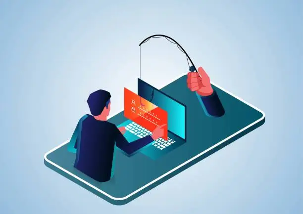 Vector illustration of Phishing website, outstretched hand inside smartphone holding fish hook to steal account information and password of network user, network security and virus, personal network account information security