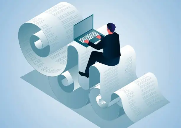 Vector illustration of Isometric businessman sitting on a huge pile of documents concentrating on work, paperwork, bill checking