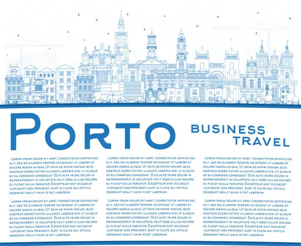 Vector illustration of Outline Porto Portugal City Skyline with Blue Buildings and Copy Space.