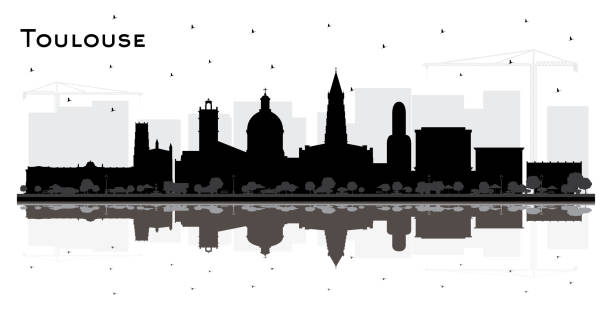 stockillustraties, clipart, cartoons en iconen met toulouse france city skyline silhouette with black buildings and reflections isolated on white. - toulouse