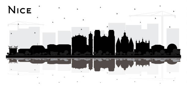 ilustrações, clipart, desenhos animados e ícones de silhueta do horizonte da cidade de nice france com edifícios pretos e reflexões isoladas em branco. - city of nice illustrations