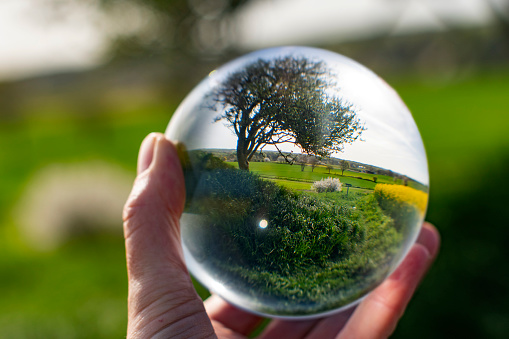 Businesswoman Hands On Crystal Ball On Black Background. Fortune Teller Predicting Future