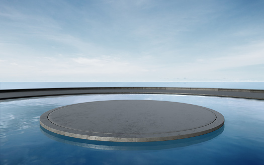3d rendering of abstract exterior space with sea and blue sky background.