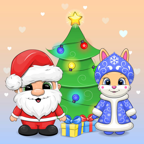 ilustraciones, imágenes clip art, dibujos animados e iconos de stock de lindo papá noel de dibujos animados con conejo snow maiden y árbol de navidad con regalos. - rabbit baby rabbit hare standing