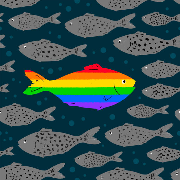 ilustrações, clipart, desenhos animados e ícones de um peixe arco-íris nada contra uma escola de peixes cinzentos. padrão perfeito para apoiar a comunidade lgbt. seja você mesmo. mês do orgulho. bandeira lgbt. perfeito para têxtil ou tecido. - gay pride spectrum backgrounds textile