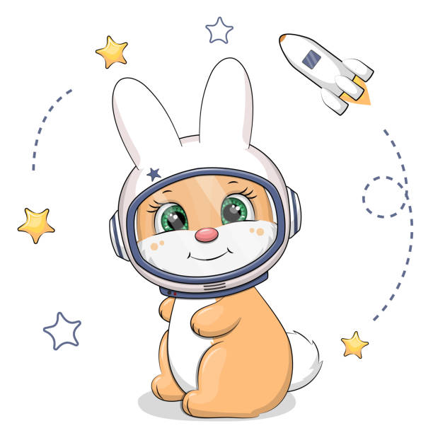 istock Cute cartoon rabbit astronaut with stars and spaceship. 1398419146