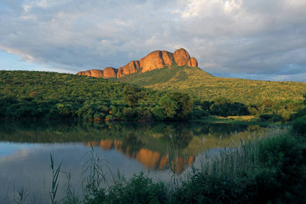 Scenic mountain landscape with water reflection, Marakele National Park, South Africa stock photo