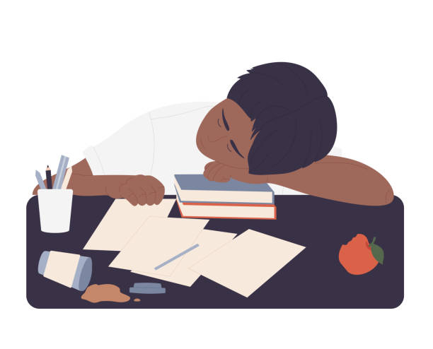 Sleeping on table exhausted student Sleeping on table exhausted student. Study burnout, tired school pupil isolated illustration no more homework stock illustrations