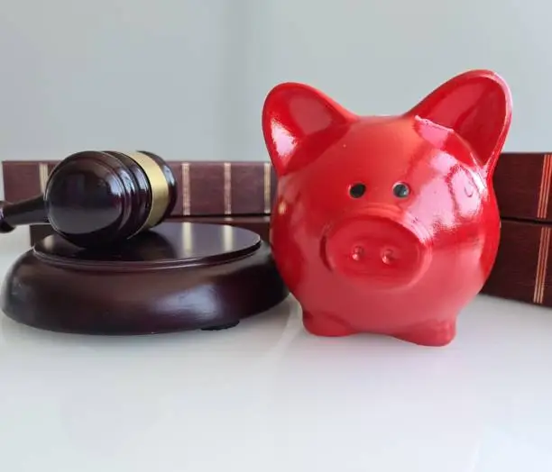 Judicial gavel and piggy bank financial crimes. Illegal investment and bankruptcy concept