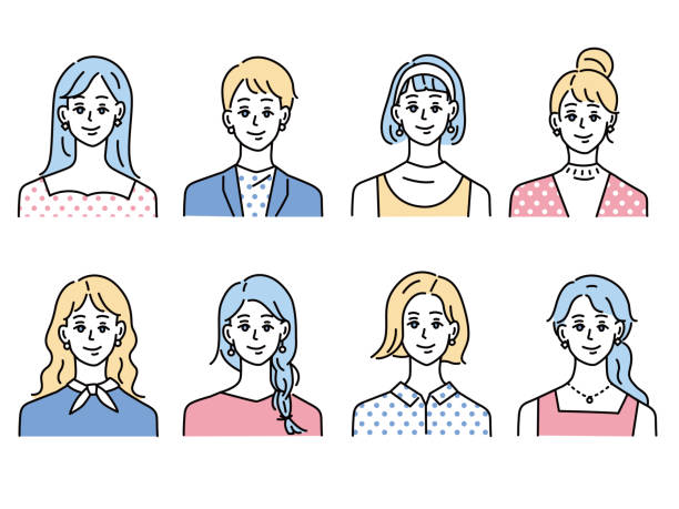 人物アイコンイラスト(女性、10代、20代、ファッション、髪型、若者、 顔パターン) Person icon illustration .female, male, fashion, hairstyle, youth, face pattern beautiful,avatar,style,flat,female,isolated,face,woman,illustration,cool,stylish,sophisticated,makeup,clothes,cosmetics,urban,intelligent,businessman,student,smile,infographic,glasses,background,beauty,fashionable,manganese,people,women,illustrations,laughter,cute,portrait,hair,icon,mask,person,fashion,diversity,teenagers,hairstyle,girl,20s,race,gender,young,simple,career woman,short hair,line drawings 女性 stock illustrations